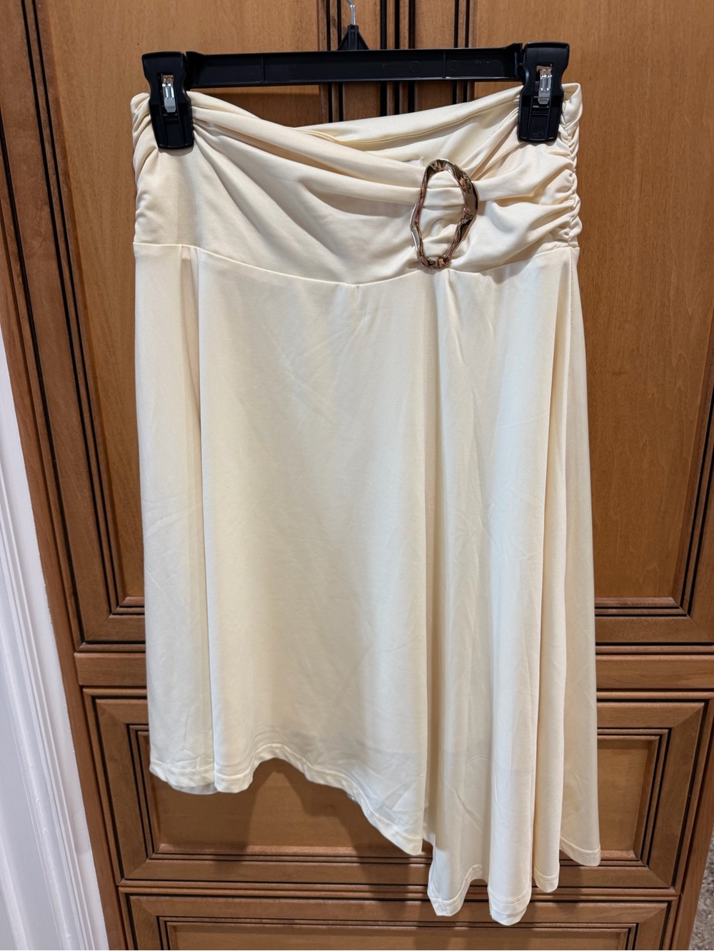 Peppermayo Pale Yellow Asymmetrical Midi Skirt with Buckle Detail